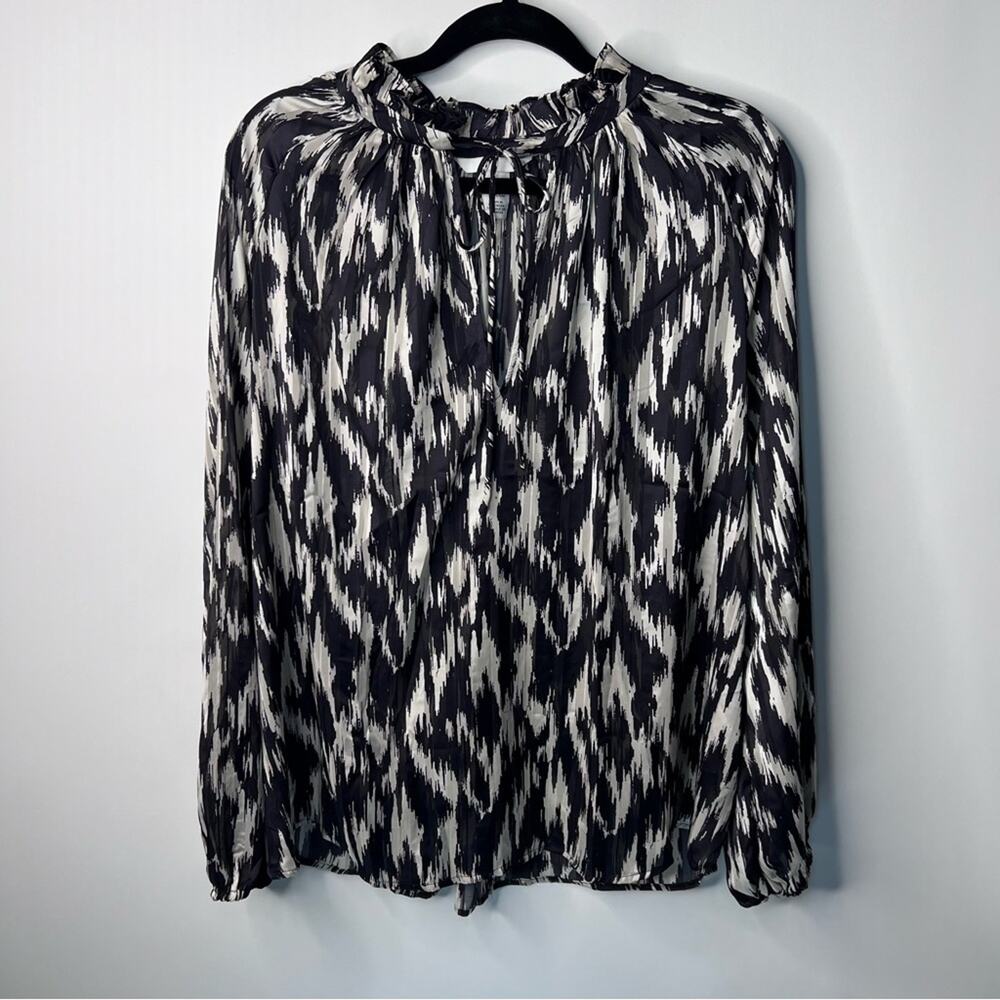 H&M, black and off-white Large tie V-neck blouse